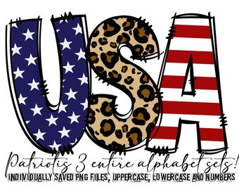 Rustikale Flagge Alphabet Buchstaben PNG Bundle, Patriotische USA Flagge Doodle Buchstaben, Handgezeichnetes Alphabet Doodle, Sublimation Alpha Set Designs PNG