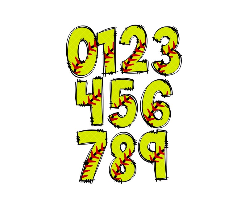 May include: Yellow numbers 0 through 9 with a red stitching pattern, resembling a softball.