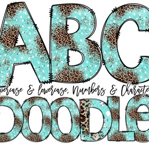 Paquete de letras del alfabeto con estampado de leopardo turquesa, estampado animal con estampado de leopardo, garabato del alfabeto dibujado a mano, diseños de conjuntos alfa de sublimación PNG