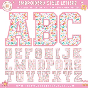 Letras rosa falsas bordadas em ponto pastel letras de doodle do alfabeto, conjunto alfa do time do colégio, desenhos de sublimação desenhados à mão, png