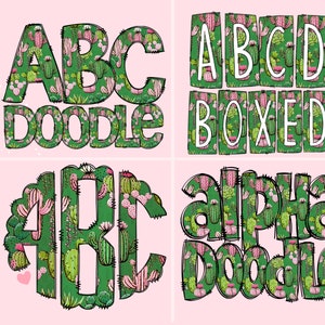Paquete de letras Mega Doodle de cactus verdes, conjunto de alfabeto floral colorido brillante, letras prediseñadas, paquetes de monogramas Doodle de niña pequeña PNG