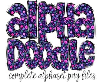 Purple Floral Doodle Alphabet Letters PNG Bundle, Flowers Hand Drawn Alphabet Doodle, Sublimation Alpha Set Designs PNG
