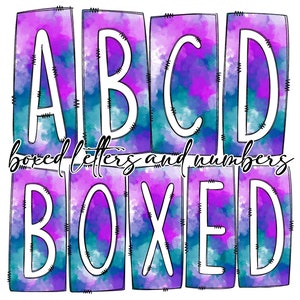 May include: A digital graphic featuring the letters A, B, C, D, X, and E, each within a rectangular box. The boxes have a watercolor effect in shades of purple, teal, and white. The words "boxed letters and numbers" are written in a script font.