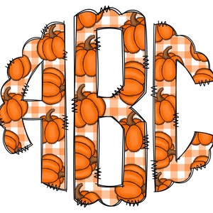 May include: Three monogram letters, A, B, and C, in a white and orange gingham pattern with orange pumpkins.