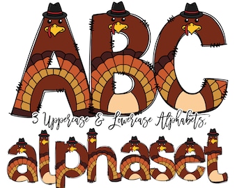 May include: A set of uppercase and lowercase alphabet letters designed as turkeys. The letters are brown, orange, and yellow with a turkey head and wattle on each letter. The letters are outlined in black and have a stitched look.