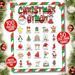 Druckbares Weihnachtsbingo, 100 Weihnachtsbingokarten für Kinder, Weihnachtsfeierspiel, Weihnachtsfamilienspiele, niedliche Weihnachtsklassenzimmeraktivität