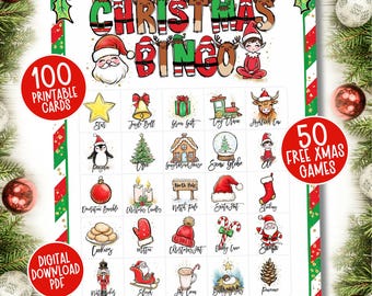 Druckbares Weihnachtsbingo, 100 Weihnachtsbingokarten für Kinder, Weihnachtsfeierspiel, Weihnachtsfamilienspiele, niedliche Weihnachtsklassenzimmeraktivität