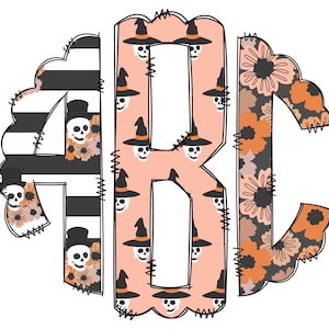 May include: Three Halloween-themed monogram letters, A, B, and C, in a pink, black, and white striped pattern. The letters are decorated with skulls, witches' hats, and floral designs.