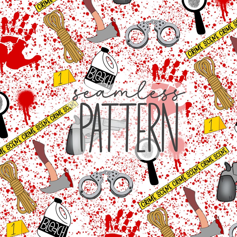 K&ouml;nnte beinhalten: Ein nahtloses Muster mit einem Tatortband, einem blutigen Handabdruck, einer Lupe, einem Seil, Handschellen, einer Axt, einer Flasche Bleichmittel und dem Text "seamless pattern".
