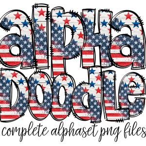 Rustic Flag Alphabet Letters PNG Bundle,  Patriotic USA Flag Doodle Letters, Hand Drawn Alphabet Doodle, Sublimation Alpha Set Designs PNG
