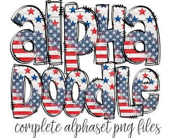 Rustic Flag Alphabet Letters PNG Bundle,  Patriotic USA Flag Doodle Letters, Hand Drawn Alphabet Doodle, Sublimation Alpha Set Designs PNG