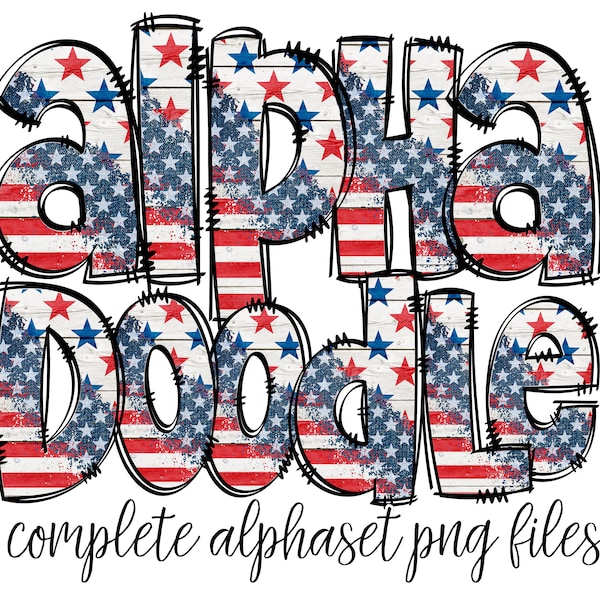 Rustieke vlag alfabet letters PNG bundel, patriottische USA vlag doodle letters, hand getrokken alfabet doodle, sublimatie Alpha set ontwerpen PNG