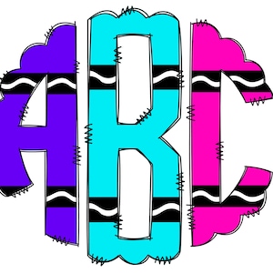 May include: A colorful monogram design featuring the letters A, B, and C. The letters are stylized to look like crayons, with a wavy black and white pattern on each letter.