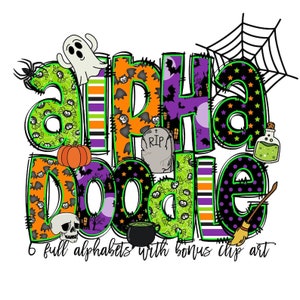 Halloween Doodle letters with Clip Art PNG Files, Make your own Name, Doodle Alpha Bundle, Halloween Clipart Alphabet Doodle Set PNG