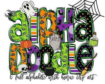 Halloween Doodle letters with Clip Art PNG Files, Make your own Name, Doodle Alpha Bundle, Halloween Clipart Alphabet Doodle Set PNG