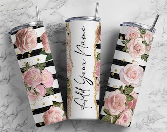 Floral Listrado Adicione Seu Próprio Nome Do Texto Monograma Sublimação Tumbler Designs Floral - 20oz Skinny Tumbler Wraps Templates - PNG 97 PADRÃO