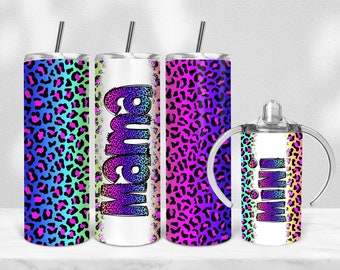 Neon Leopard Seamless Mama Mini Bundle, 12 oz sippy cup, 20 oz tumbler, mama en ik png, mini sippy cup, Mom Daughter Sublimation Tumbler