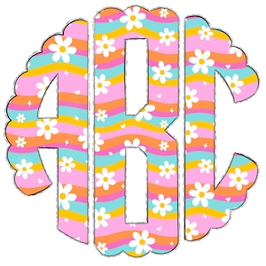 May include: A monogram design featuring the letters A, B, and C. The letters are filled with a pattern of white daisies on a pink, orange, blue, and yellow striped background.
