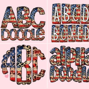 Op de afbeelding: Een set digitale clipart met de letters A, B, C en D in verschillende stijlen. De letters zijn versierd met een rood-wit-blauw Amerikaans vlagpatroon en een luipaardprint overlay. De stijlen omvatten een doodle-stijl, een ingekaderde stijl en een monogram-stijl.