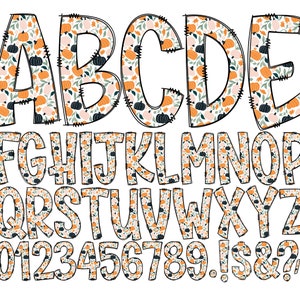 Boho Pumpkin Doodle Letters, Autumn Leaves Sublimation Elements Hand Drawn Doodle Alpha Bundle, Fall Pumpkins Sublimation Font PNG