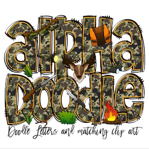 Letras del alfabeto de doodle de caza PNG, paquete, camuflaje verde camuflaje, letras del ejército, doodle dibujado a mano, diseños de conjuntos alfa de sublimación PNG