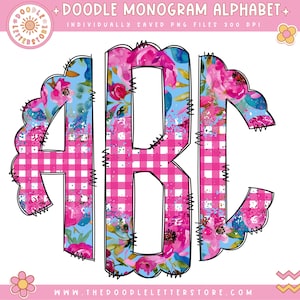 May include: A set of three monogram letters, A, B, and C, in a pink and blue floral pattern with a white gingham check overlay. The letters are outlined in black and have a stitched edge.