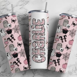 Halloween Doodle Letters with Matching Tumbler, Girls Pink Spooky Doodle Alphabet PNG, 20 oz Tumbler, Retro Sublimation, Waterslide Designs