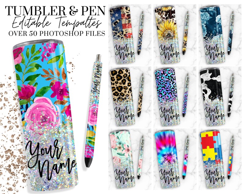 Puede incluir: Conjunto de 10 dise&ntilde;os de sublimaci&oacute;n para vasos y bol&iacute;grafos. Cada dise&ntilde;o presenta un patr&oacute;n diferente, incluyendo flores, estampado de animales, tie-dye y piezas de rompecabezas. Los dise&ntilde;os est&aacute;n todos en un estilo de brillo con el texto "Your Name" en la parte inferior.