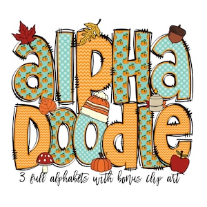Letras de Doodle de Outono com Clip Art, Pacote Alfa de Doodle Desenhado à Mão, Fonte de Sublimação de Abóbora com Folhas de Outono PNG, Alfabeto de Números Padronizados,
