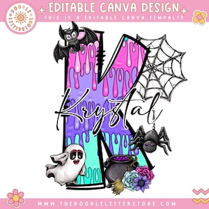 EDITABLE Halloween Doodle Letter, CANVA TEMPLATE, Make your Own Name, Personalise Custom Name Design for Halloween Trick or Treat Tote Bags