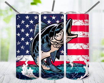 Angeln Sublimationsbecher Design Amerikanische USA Flagge - Männer Dad Fischer Druck 20 Unzen Skinny Tumble Wraps Vorlage - PNG