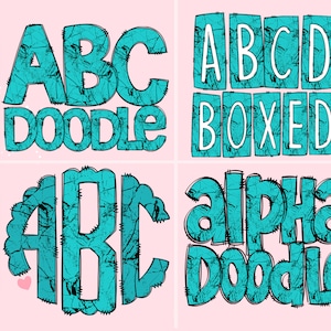 May include: A set of four alphabet letter designs in a turquoise blue color with a cracked or textured pattern. The letters are in a doodle style and are arranged in different ways. The first set is the letters A, B, and C with the word "doodle" below. The second set is the letters A, B, C, and D in individual boxes with the word "boxed" below. The third set is the letters A, B, and C in a circle with a scalloped edge. The fourth set is the word "alpha doodle" in a doodle style.