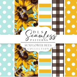 May include: A digital download of 10 seamless patterns featuring sunflowers, bees, and geometric designs in yellow, brown, white, and blue. The patterns are perfect for crafting, scrapbooking, and home decor projects.