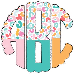 May include: A monogram design featuring the letters A, B, and C. The letters are filled with a colorful abstract pattern of pink, orange, blue, and white. The letters are outlined in black and have a white background.