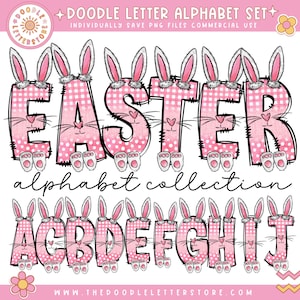 Easter Bunny Alphabet Letters PNG Bundle, Easter Eggs, Spring Floral, Easter Bunny, Hand Drawn Doodle, Sublimation Alpha Set Designs PNG