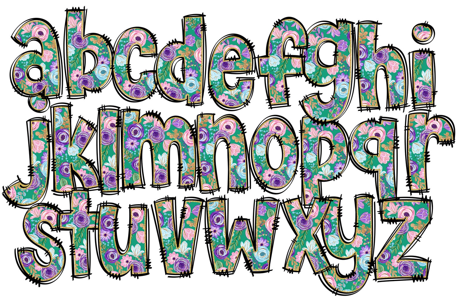 Floral Doodle Alphabet Letters PNG Bundle, Floral Design Hand Drawn ...