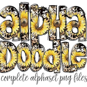 Sunflower Country Western Doodle letters, Hand Drawn Doodle Alpha Bundle, Sublimation Font PNG, Patterned Numbers & Alphabet,