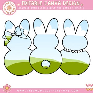Puede incluir: Tres contornos en forma de conejo de Pascua, uno con un lazo azul, otro con un collar de perlas y otro con una nube en el centro. Los contornos están rellenos con un degradado de azul, verde y blanco.