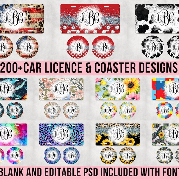 200+ Licence Plate & Car Coaster Bundle with Editable PSD Monograms, Car Sublimation, Dropbox Drive, Sublimation Designs, Car Coasters PNG