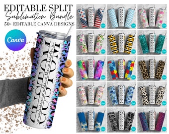 Paquete de más de 50 diseños editables para vasos térmicos divididos sin costuras, plantilla editable para Canva, paquete de diseños para vasos térmicos de 20 oz para sublimación, PNG para agregar tu propio nombre