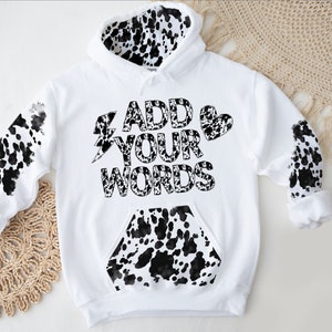 Cowhide Custom Bleach Hoodie, Doodle Letters with Matching Bleach Patches Pattern, Cow Print Sublimation Design Elements Clip Art Bolt PNG,