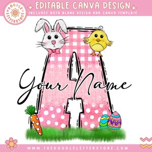Puede incluir: Una letra A de vichy rosa y blanco con un conejo blanco, un pollito amarillo y huevos de Pascua. La letra está decorada con lunares blancos. El texto "Your Name" está escrito en cursiva negra.