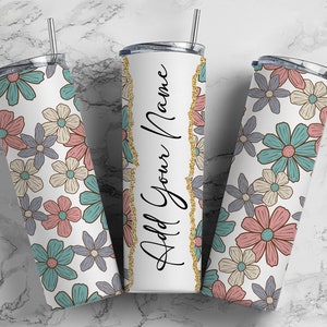 Retro Flowers Add Your Own Text Name Monogram Sublimation Tumbler Designs Wrap - 20oz Skinny Tumbler Wraps Templates - PNG 57 PATTERN