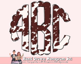 Cowhide Monogram Full Alphabet Individually Saved Monogram Letters, Circle COW PRINT Scalloped Round Left Middle & Right, Doodle Letters PNG