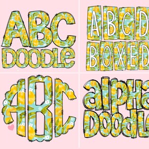 May include: A set of digital alphabet letters with a lemon and leaf pattern. The letters are available in three styles: doodle, boxed, and alpha doodle. The letters are individually saved as PNG files.