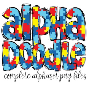 Pacote de letras do alfabeto do autismo PNG, impressão de conscientização do autismo Autism Mama, Doodle de alfabeto desenhado à mão, designs de conjunto alfa de sublimação PNG