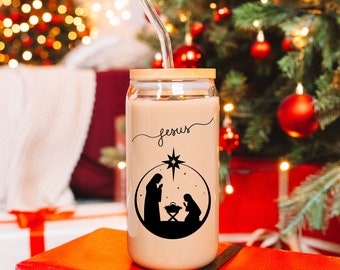 Jesus Birth on Tumbler, Frosted Tumbler with Straw and Lid, Gift for Her, Gift for Him, Gift for Christian, Gift for BFF
