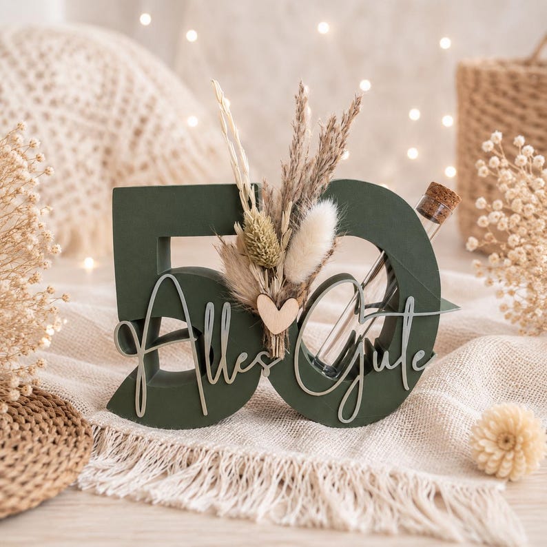 Regalo de dinero para el 50 cumpleaños, regalo de dinero personalizado, regalo de cumpleaños, regalo de dinero estilo boho, mejores deseos con flores secas Grün