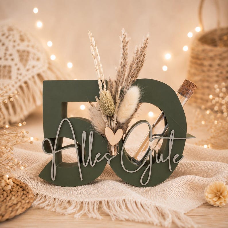 Puede incluir: Una decoraci&oacute;n de madera en forma de n&uacute;mero 50 de color verde oliva oscuro con el texto Alles Gute en letra cursiva gris claro. El n&uacute;mero 50 est&aacute; adornado con un peque&ntilde;o coraz&oacute;n de madera y un arreglo floral seco de pampa y colas de conejo.