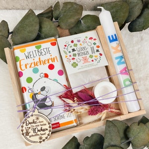 Geschenkset für Erzieher, Abschied Kita, Danke sagen mit Kerze, Geschenk zum Abschied, Trockenblumen Geschenk, Schokolade Geschenk